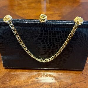 Vintage 1950’S Evening Small  Black Textured Clutch with Gold Chain.